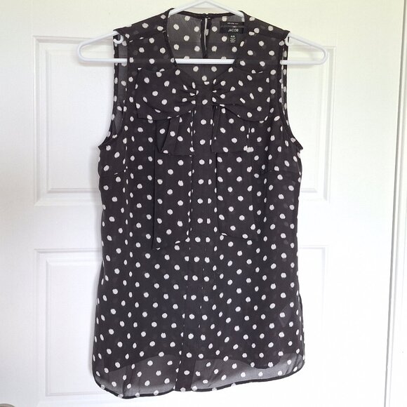 100% Silk Black and White Polkadot Sleeveless top with bow - Picture 5 of 15